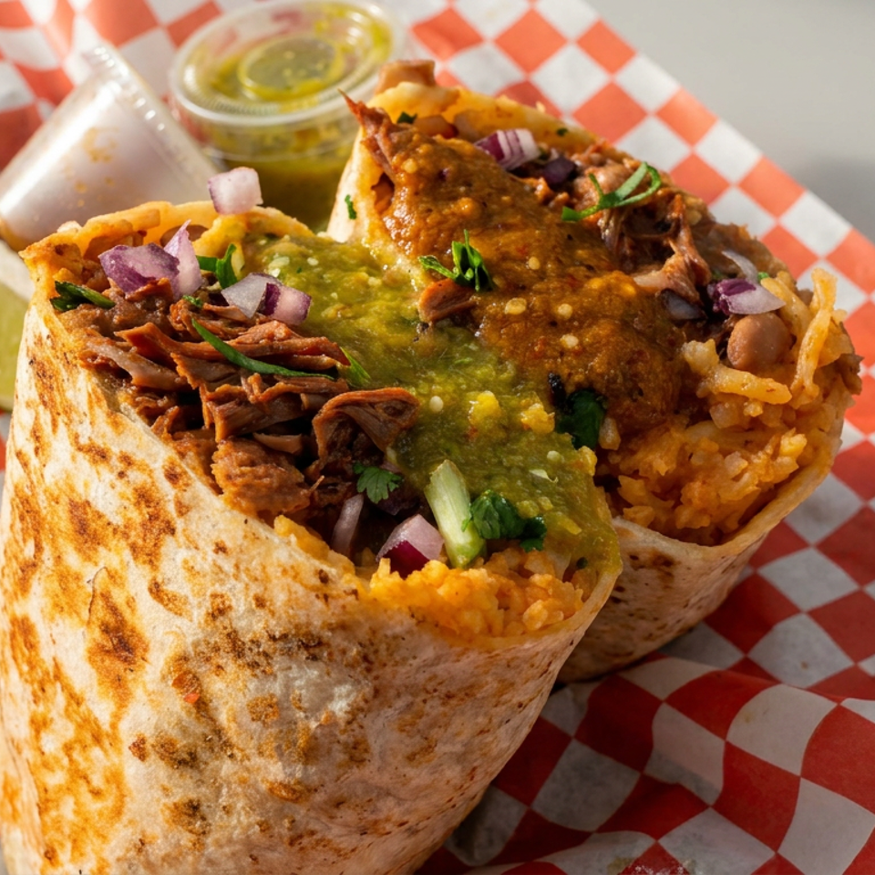 Loaded burrito with shredded meat, rice, salsa, onions, and cilantro on red-and-white checkered paper, accompanied by lime wedges and sauces.