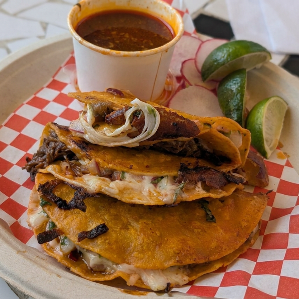 Stack of crispy birria tacos with melted cheese, onions, lime wedges, and a cup of consommé on checkered paper.