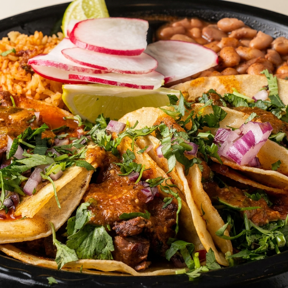 Plate of Mexican tacos topped with cilantro and onions, served with rice, beans, radishes, lime, and salsa.