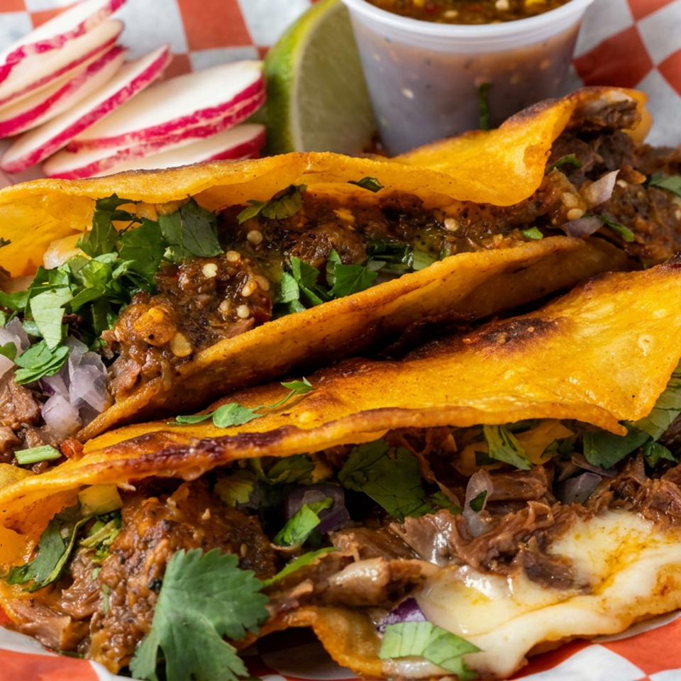 Three crispy birria tacos filled with shredded beef, melted cheese, onions, and cilantro, served with radishes, lime, and salsa.