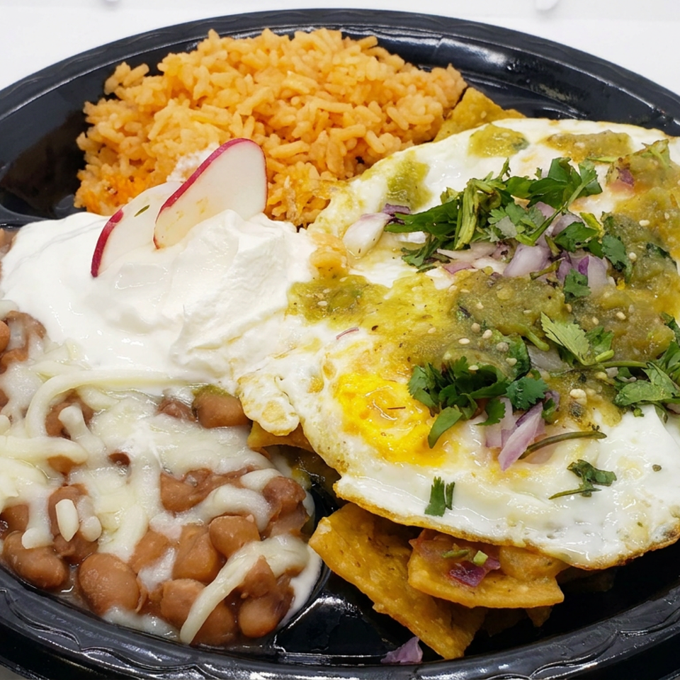 Mexican breakfast platter with fried eggs, green salsa, tortilla chips, rice, refried beans, melted cheese, sour cream, and radish.