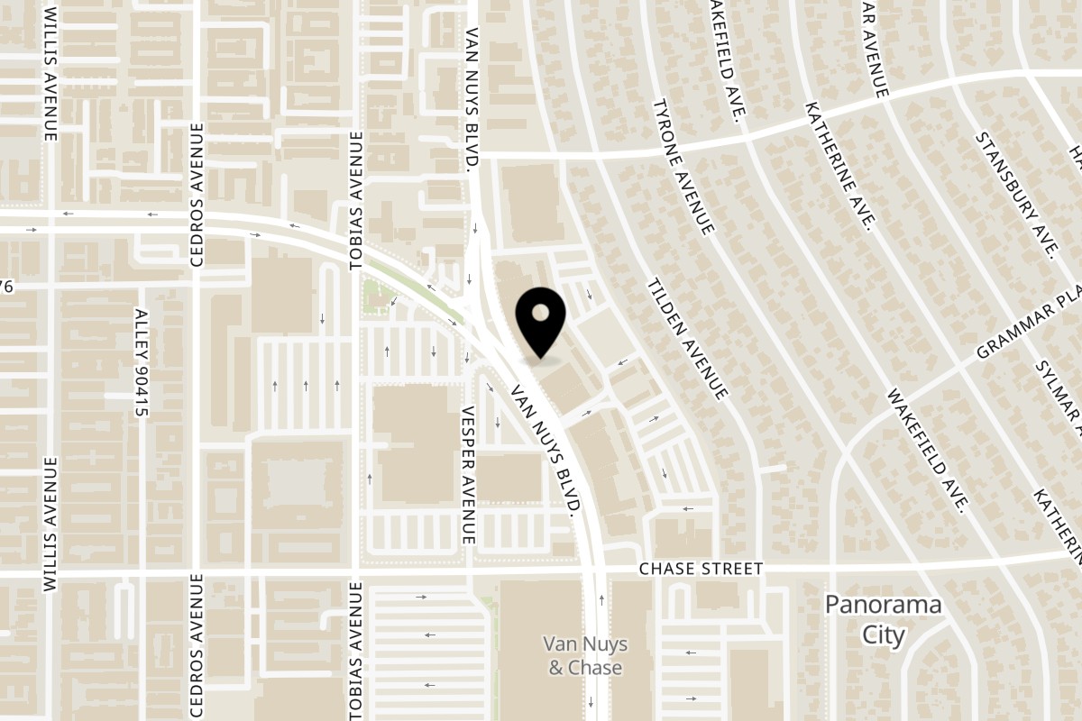 Map showing the location of Ponchos Taqueria on 8620 Van Nuys Blvd Unit A in Panorama City